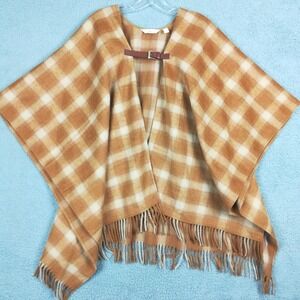 Denim & Co Womens Poncho Topper Butterscotch Plaid Tartan Fringe Hem Heritage XL